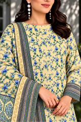 3 Piece - Marooj Ethnic Premium Printed  Unstitched Lemon khaddar Suit