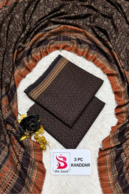 3 Pieces - Bin Saeed Unstitched Brown  Ladies Printed Khaddar Suit