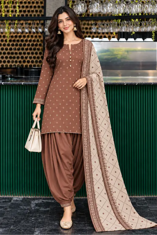 3 Piece -Bella By Zainab Chottani Printed  Unstitched Brown khaddar Suit