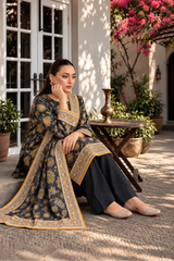3 Piece - Marooj Ethnic Premium Printed  Unstitched Black khaddar Suit
