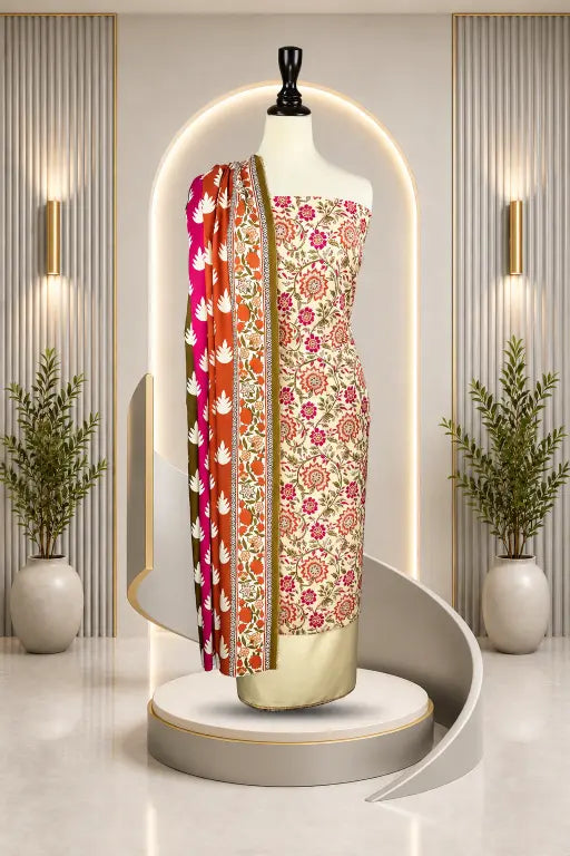 3 Pieces - Rijja By Murashe Unstitched Cream Ladies Printed  Viscose Suit