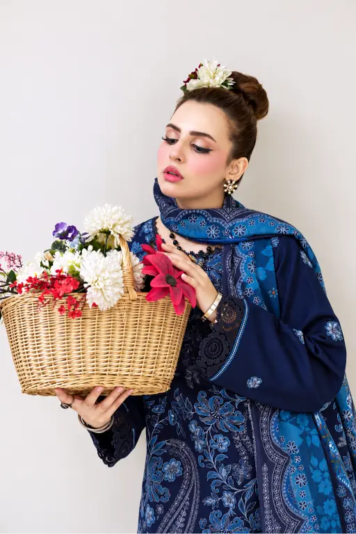 3 Pieces - Marooj Luxury Embroidered Unstitched Navy Blue Karandi Ladies Suits
