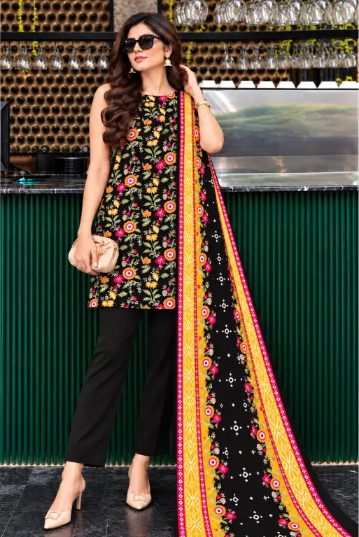 3 Piece -Bella By Zainab Chottani Printed  Unstitched Black khaddar Suit