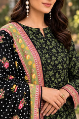 3 Piece - Marooj Ethnic Premium Printed  Unstitched Black khaddar Suit
