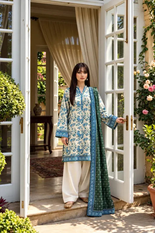 3 Piece - Marooj Ethnic Premium Printed  Unstitched OFF-White khaddar Suit