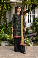 3 Piece - Marooj Ethnic Premium Printed  Unstitched Black khaddar Suit