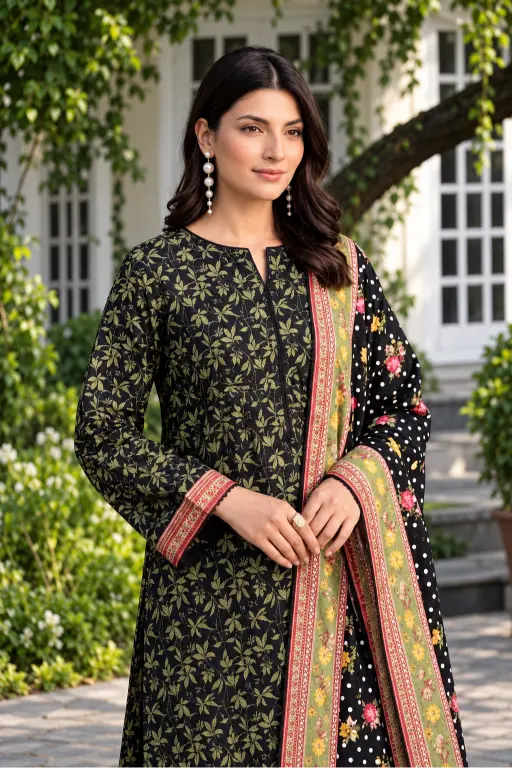 3 Piece - Marooj Ethnic Premium Printed  Unstitched Black khaddar Suit
