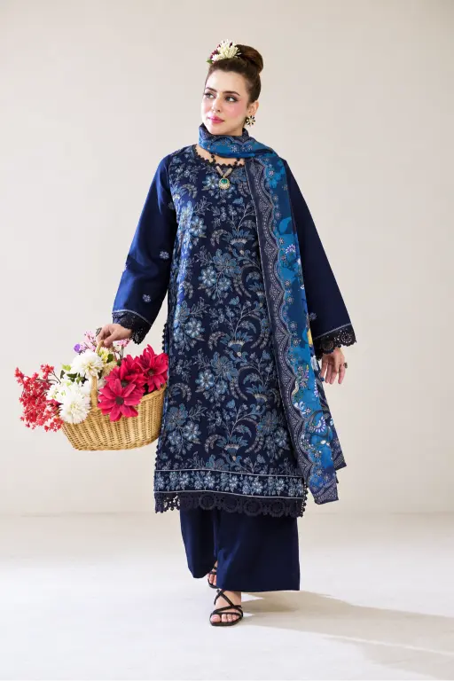 3 Pieces - Marooj Luxury Embroidered Unstitched Navy Blue Karandi Ladies Suits