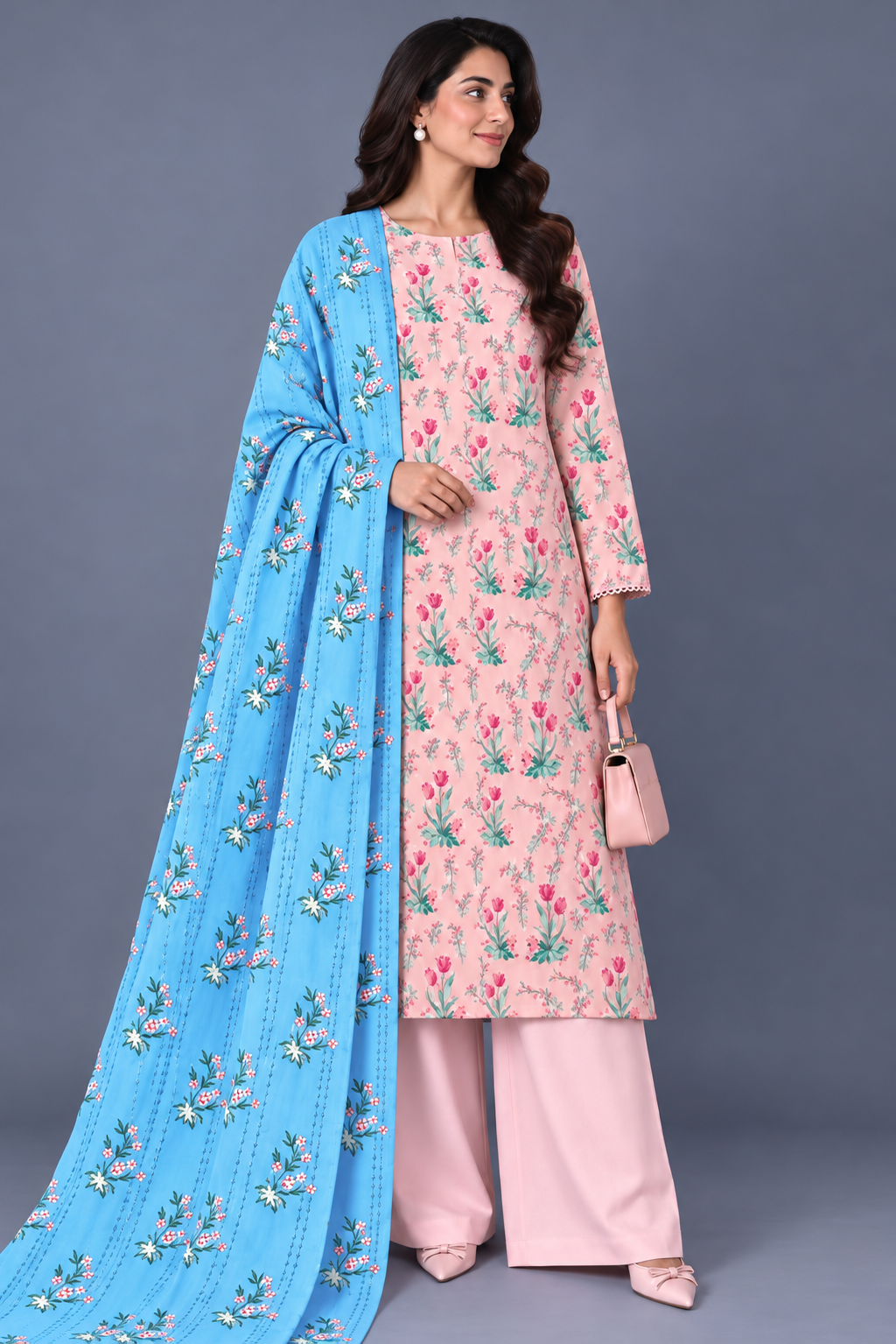 3 Pieces - Bareeze Unstitched Baby Pink Ladies Printed Khaddar Suit