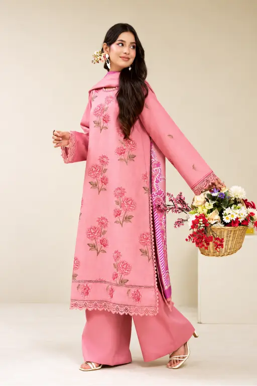 3 Pieces - Marooj Luxury Embroidered Unstitched Baby Pink  Karandi Ladies Suits