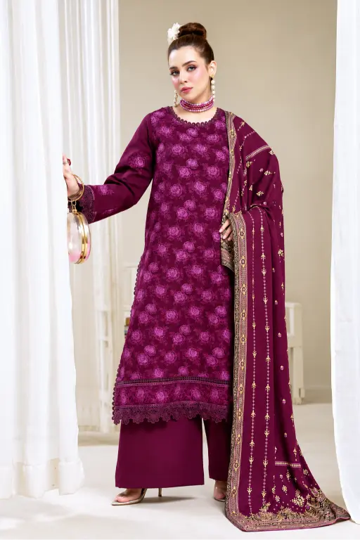 3 Pieces - Marooj Luxury Embroidered Unstitched Maroon Karandi Ladies Suits