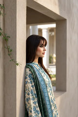 3 Piece - Marooj Ethnic Premium Printed  Unstitched OFF-White khaddar Suit