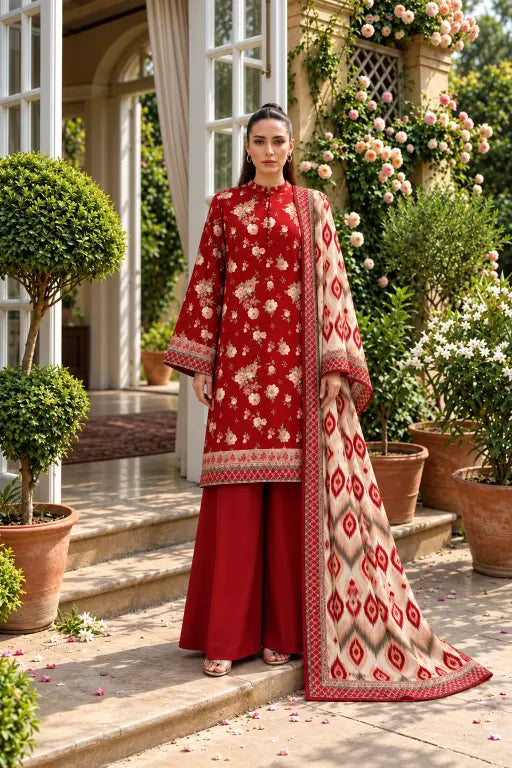 3 Piece - Marooj Ethnic Premium Printed  Unstitched Red khaddar Suit
