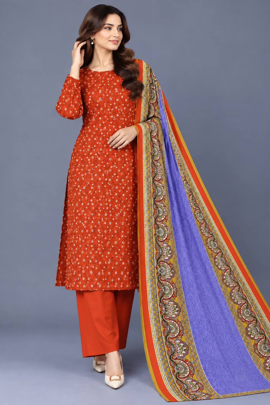 3 Pieces - Bareeze Unstitched Red  Ladies Printed Khaddar Suit