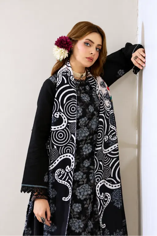 3 Pieces - Marooj Luxury Embroidered Unstitched Black Karandi Ladies Suits