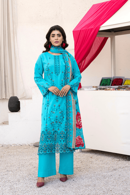 3 Piece - Gold Unstitched Ferozi Embroidered Lawn Suit