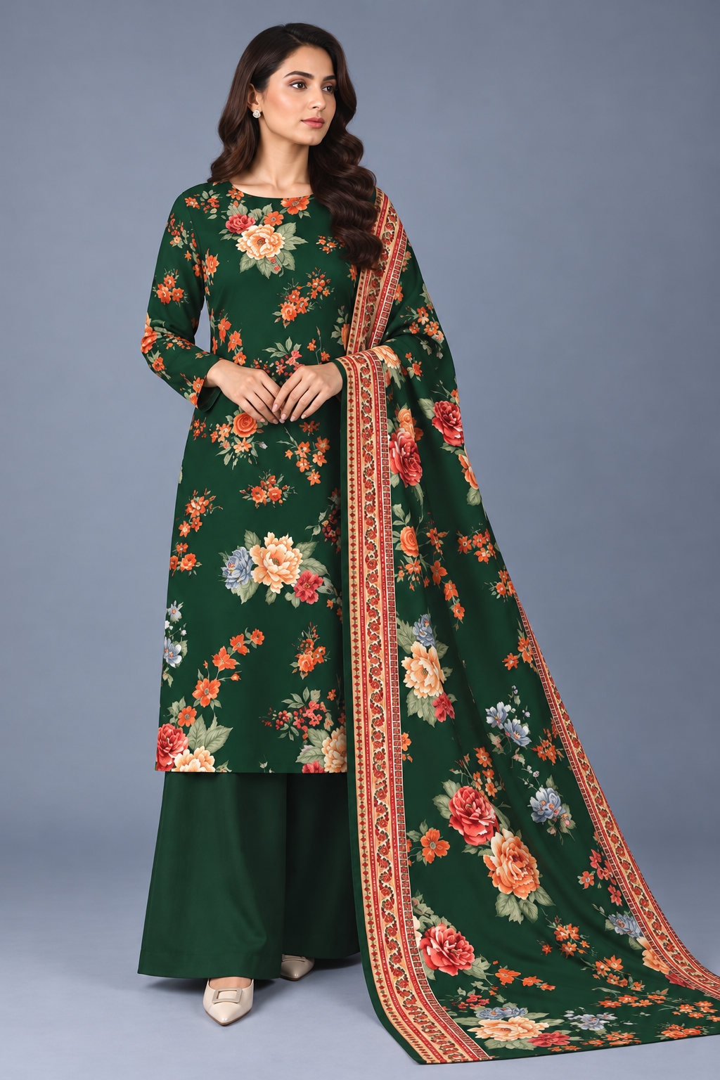 3 Pieces - Bareeze Unstitched Dark Green Ladies Printed Khaddar Suit