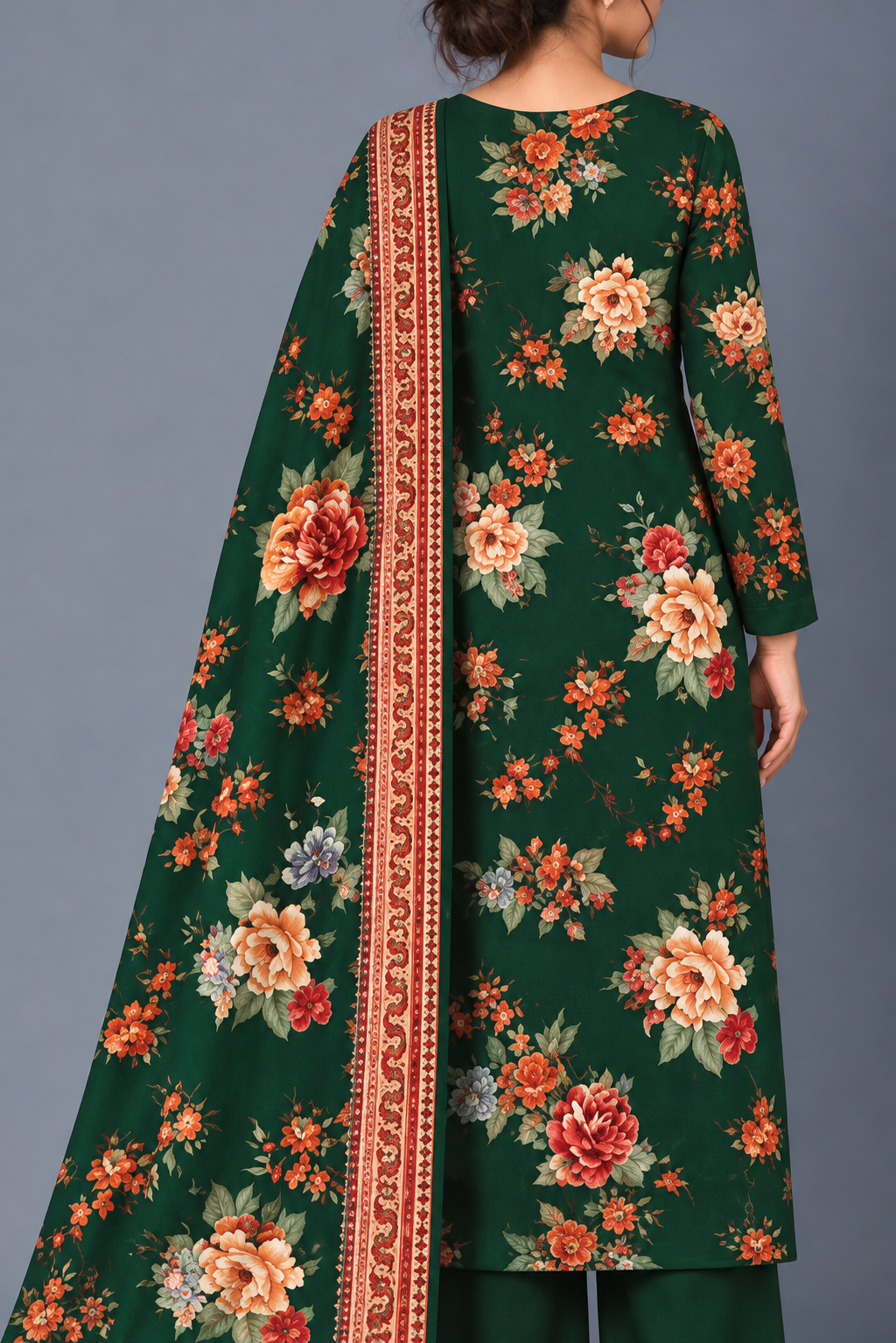 3 Pieces - Bareeze Unstitched Dark Green Ladies Printed Khaddar Suit
