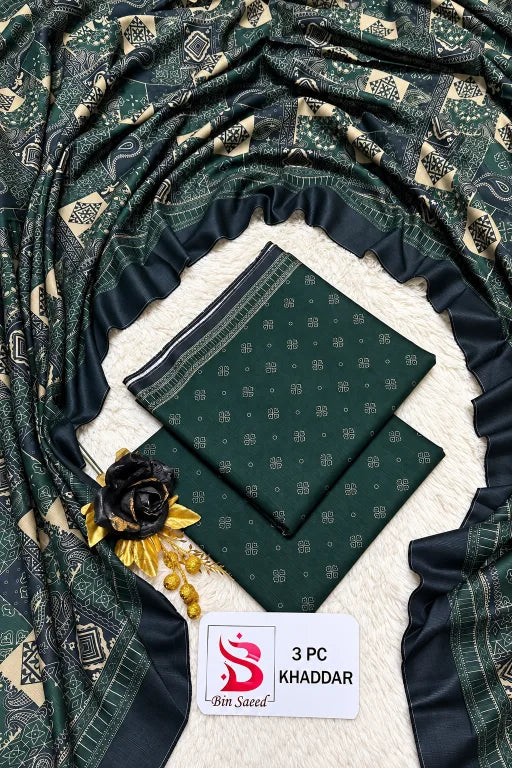 3 Pieces - Bin Saeed Unstitched Dark Green Ladies Printed Khaddar Suit