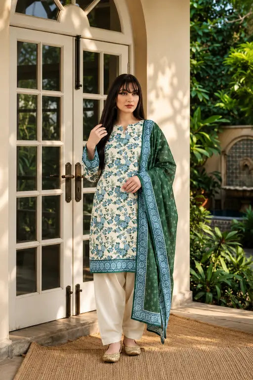 3 Piece - Marooj Ethnic Premium Printed  Unstitched OFF-White khaddar Suit