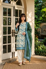 3 Piece - Marooj Ethnic Premium Printed  Unstitched OFF-White khaddar Suit