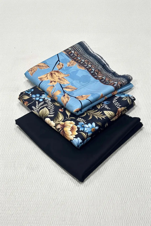 3 Pieces - Riwayat Unstitched Redish Dark Blue Dobby Viscose Suit