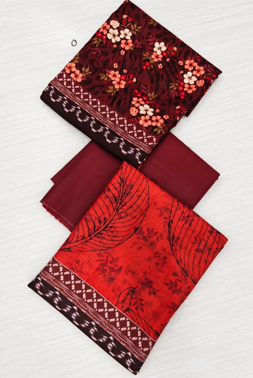 3 Pieces - Riwayat Unstitched Red  Dobby Viscose Suit