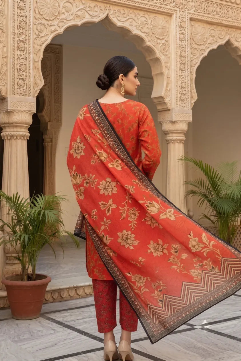 3 Pieces - Marooj Unstitched Redish BanaDora Linen Suit