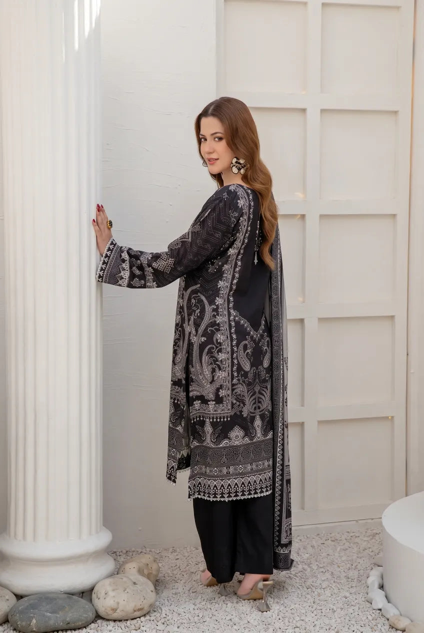 3 Pieces - Marooj Unstitched Grey Black BanaDora Linen Suit