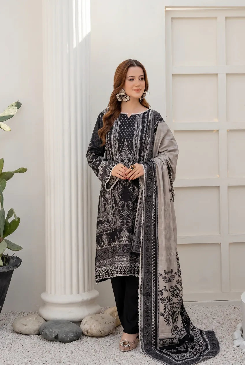 3 Pieces - Marooj Unstitched Grey Black BanaDora Linen Suit