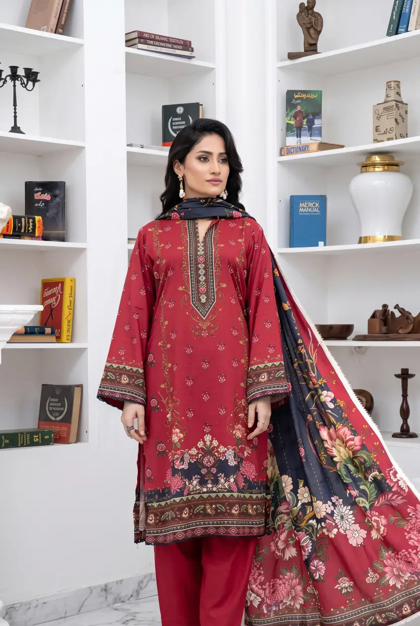 3 Piece - Marooj Unstitched Maroon BanaDora Linen Suit