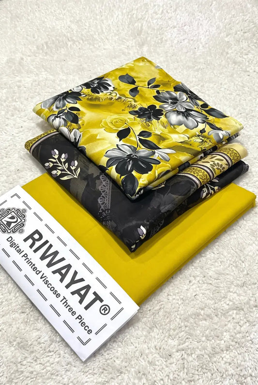 3 Pieces - Riwayat Unstitched Yellow   Dobby Viscose Suit