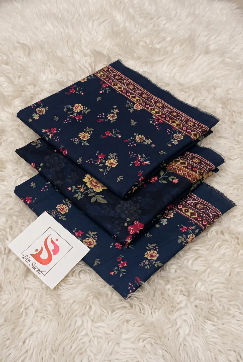 3 Pieces - Bin Saeed Unstitched Dark Blue Ladies Lawn Suit