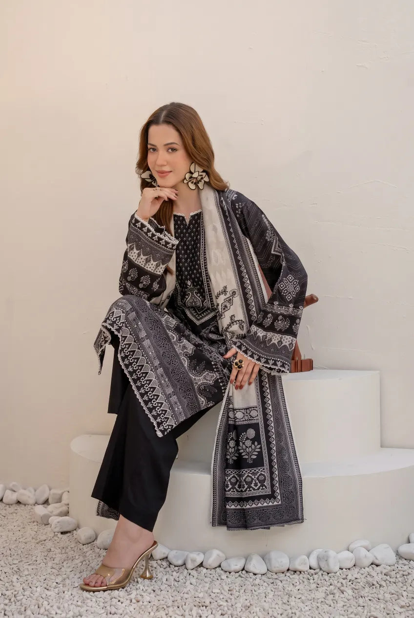 3 Pieces - Marooj Unstitched Grey Black BanaDora Linen Suit