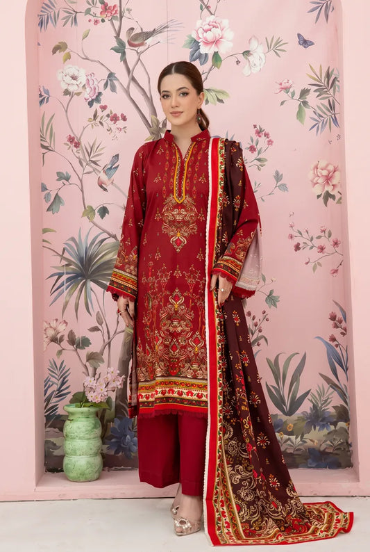 3 Pieces - Marooj Unstitched Maroon BanaDora Linen Suit