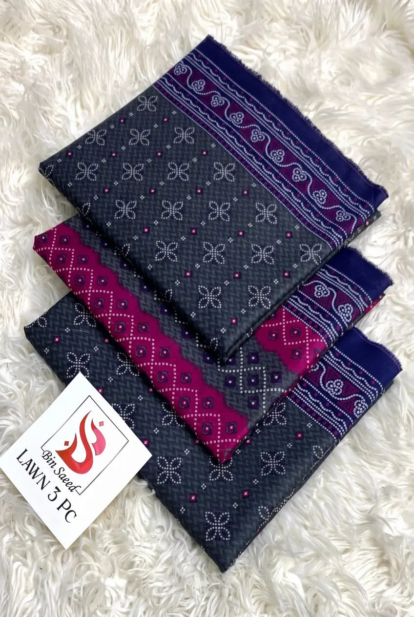 3 Pieces - Bin Saeed Unstitched Grey Ladies Lawn Suit