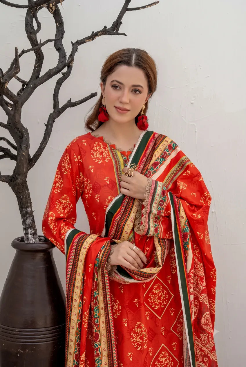 3 Pieces - Marooj Unstitched Graish Red BanaDora Linen Suit