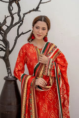3 Pieces - Marooj Unstitched Graish Red BanaDora Linen Suit