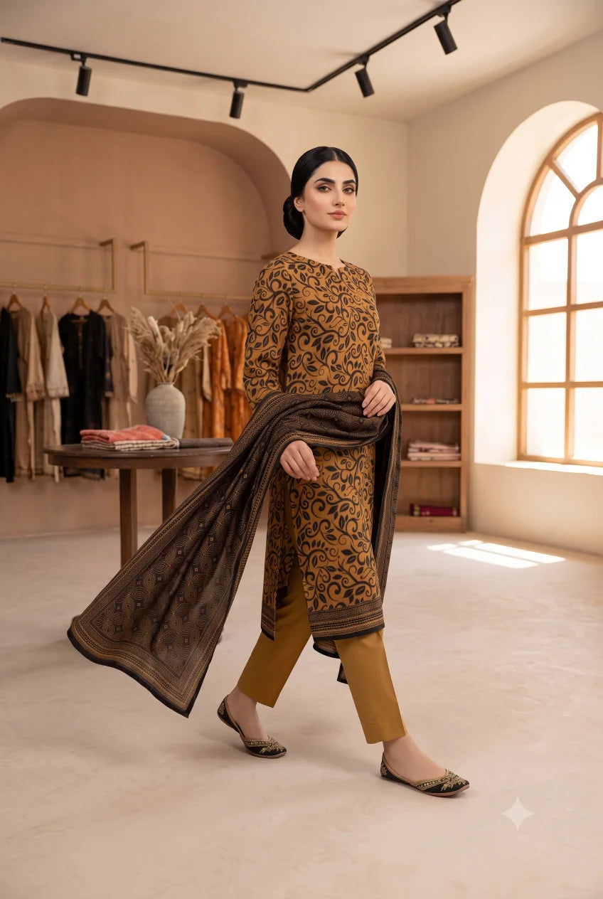 3 Pieces - Sohni Dharti Unstitched Mustard Ladies Lawn Suit