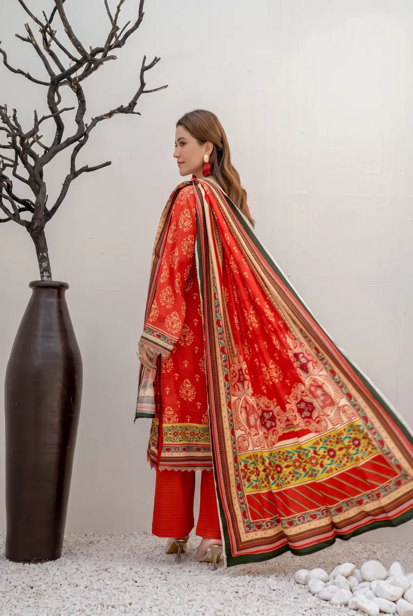 3 Pieces - Marooj Unstitched Graish Red BanaDora Linen Suit