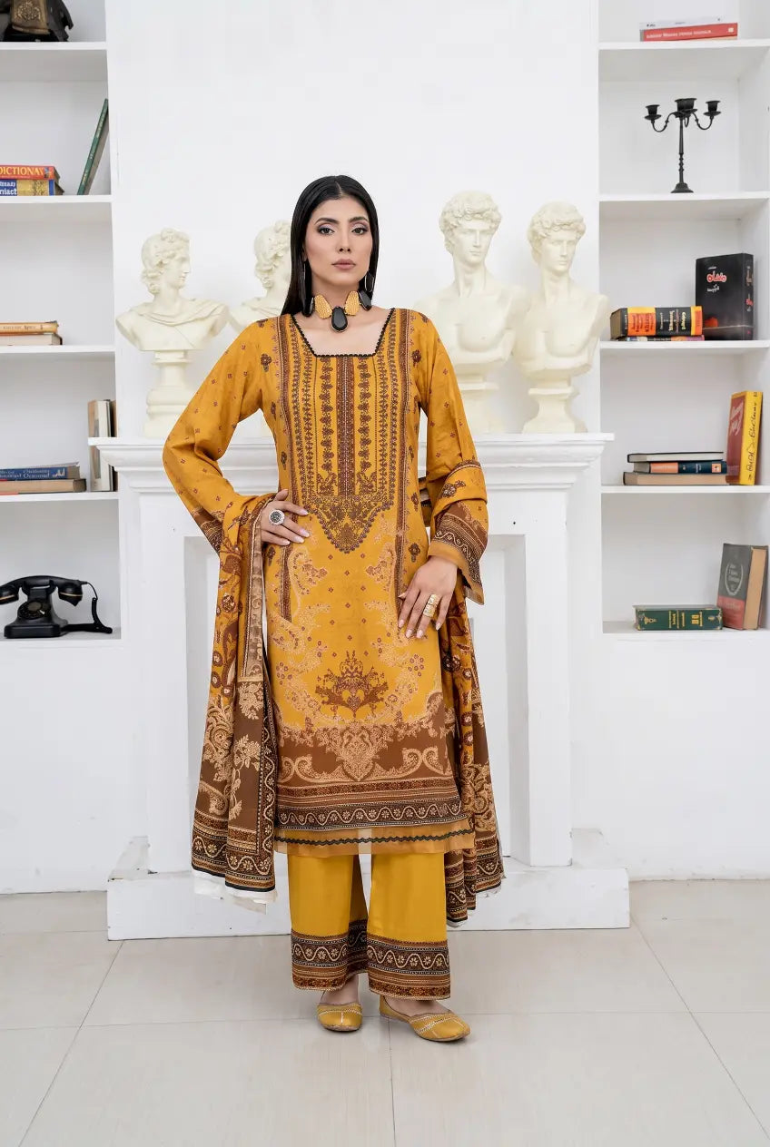 3 Piece - Marooj Unstitched Mustard BanaDora Linen Suit