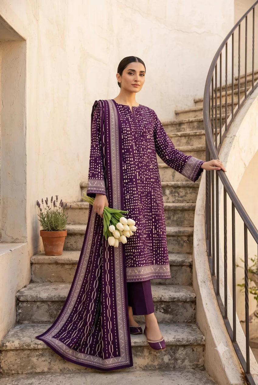 3 Pieces - Sohni Dharti Unstitched Plum Ladies Lawn Suit