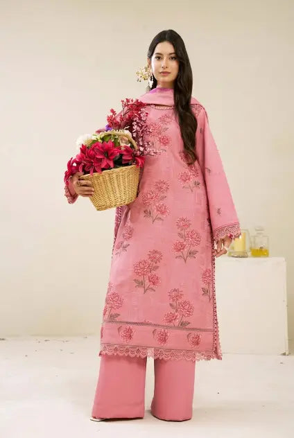 3 Pieces - Marooj Luxury Embroidered Unstitched Baby Pink  Karandi Ladies Suits