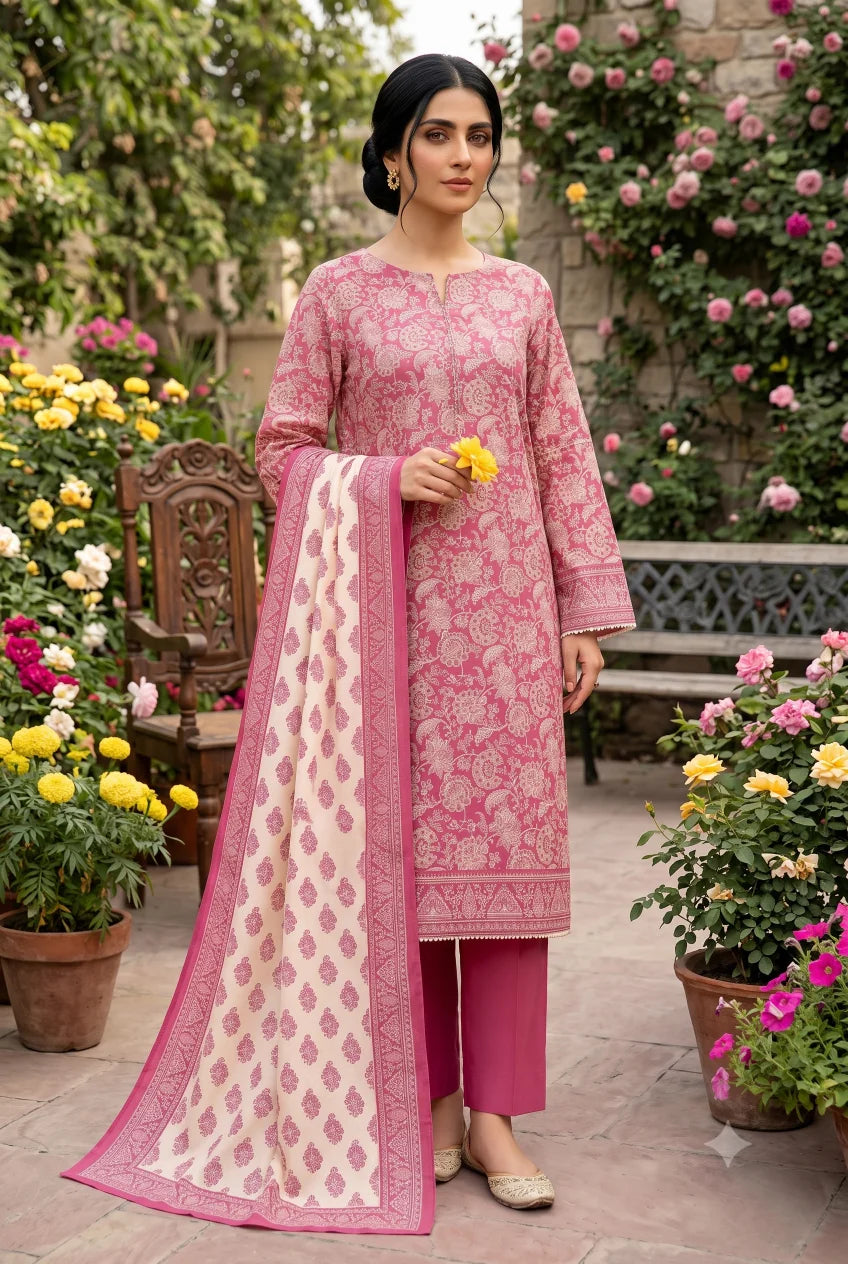3 Pieces - Sohni Dharti Unstitched Pink Ladies Lawn Suit