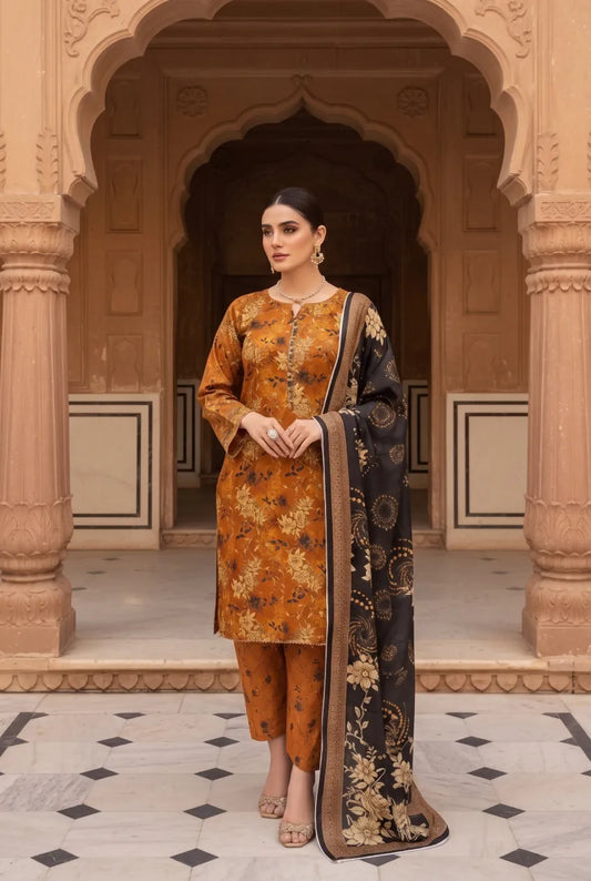 3 Pieces - Marooj Unstitched Orange BanaDora Linen Suit