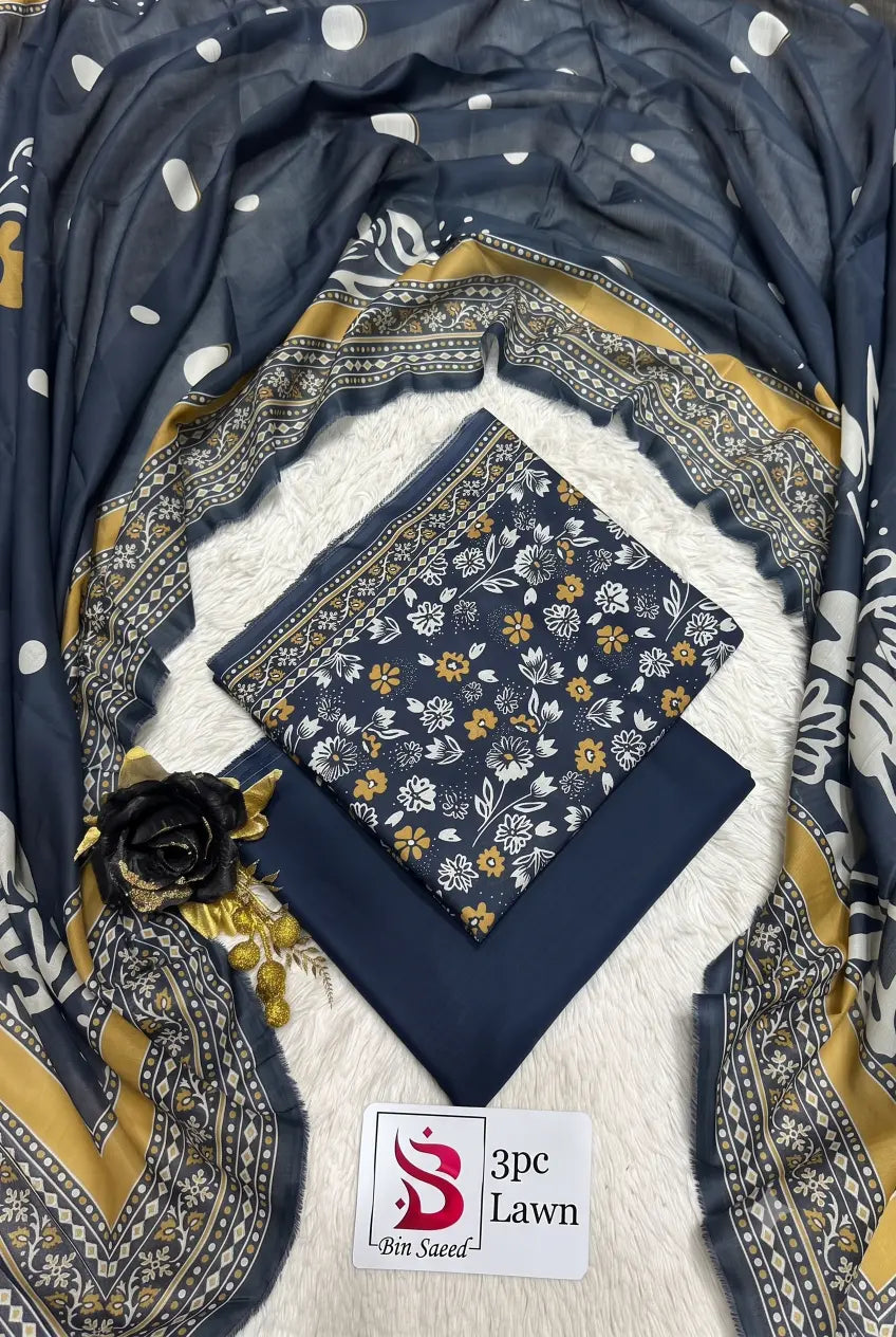 3 Pieces - Bin Saeed Unstitched Navy Blue Ladies Lawn Suit