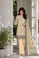 3 Piece - Marooj Ethnic Premium Printed  Unstitched Lemon khaddar Suit