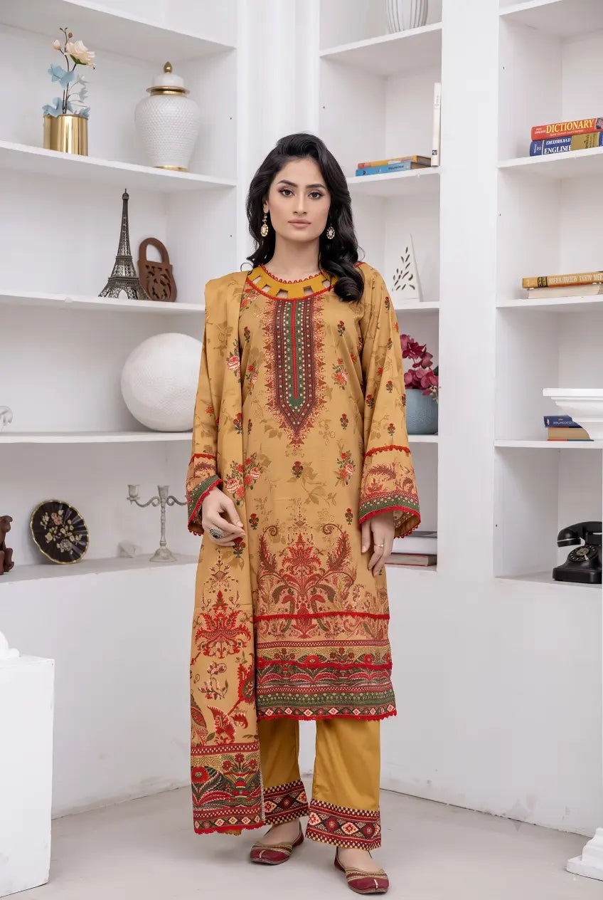 3 Piece - Marooj Unstitched Orange BanaDora Linen Suit