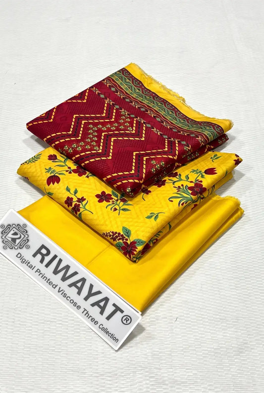 3 Pieces - Riwayat Unstitched Yellow Dobby Viscose Suit