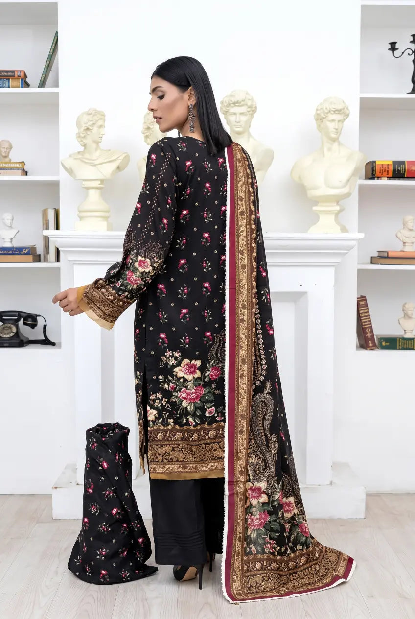 3 Piece - Marooj Unstitched Black BanaDora Linen Suit